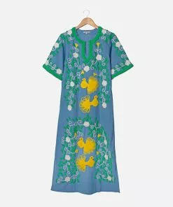 Frances Valentine Peacock Colorful Caftan Dress Blue APPAREL