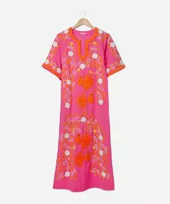 Frances Valentine Peacock Caftan Dress Pink Coral Yellow APPAREL