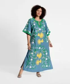 Frances Valentine Peacock Colorful Caftan Dress Blue APPAREL