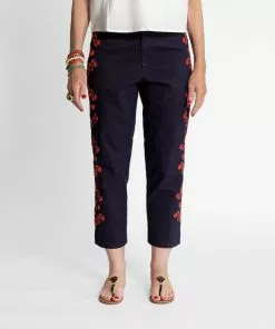 Frances Valentine APPAREL Floral Embroidered Pant Navy Red
