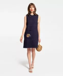 Frances Valentine Wedding Guest Sleeveless Fringe Fish Dress Navy