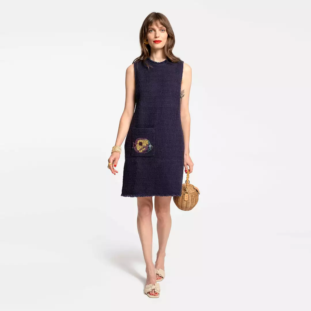 Frances Valentine Wedding Guest Sleeveless Fringe Fish Dress Navy 4 Frances Valentine Wedding Guest Sleeveless Fringe Fish Dress Navy