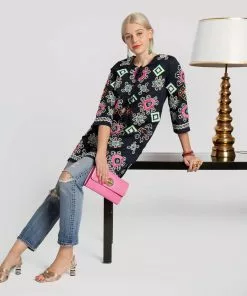 Frances Valentine Capri Embroidered Tunic Navy FV Essentials