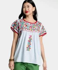 Frances Valentine Marina Embroidered Top Light Blue Multi
