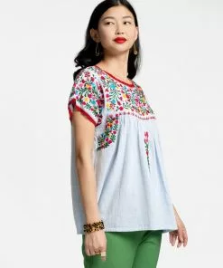 Frances Valentine Marina Embroidered Top Light Blue Multi
