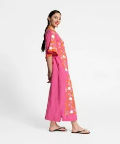 Frances Valentine Peacock Caftan Dress Pink Coral Yellow APPAREL