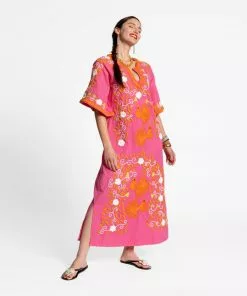 Frances Valentine Peacock Caftan Dress Pink Coral Yellow APPAREL