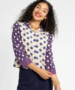 Frances Valentine Silk Polka Dot Top Navy Multi APPAREL