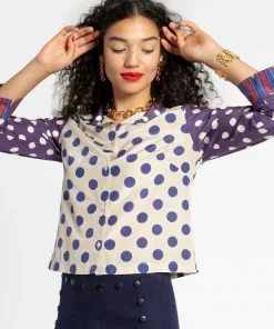 Frances Valentine Silk Polka Dot Top Navy Multi APPAREL