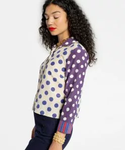 Frances Valentine Silk Polka Dot Top Navy Multi APPAREL