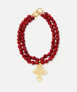 KJL Red Bead Cross Necklace Top Rated