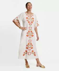 Frances Valentine Charming Caftan Poppy Embroidery Oyster APPAREL
