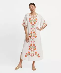 Frances Valentine Charming Caftan Poppy Embroidery Oyster APPAREL
