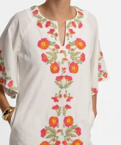 Frances Valentine Charming Caftan Poppy Embroidery Oyster APPAREL