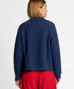 Frances Valentine Wool Fisherman Sweater Navy