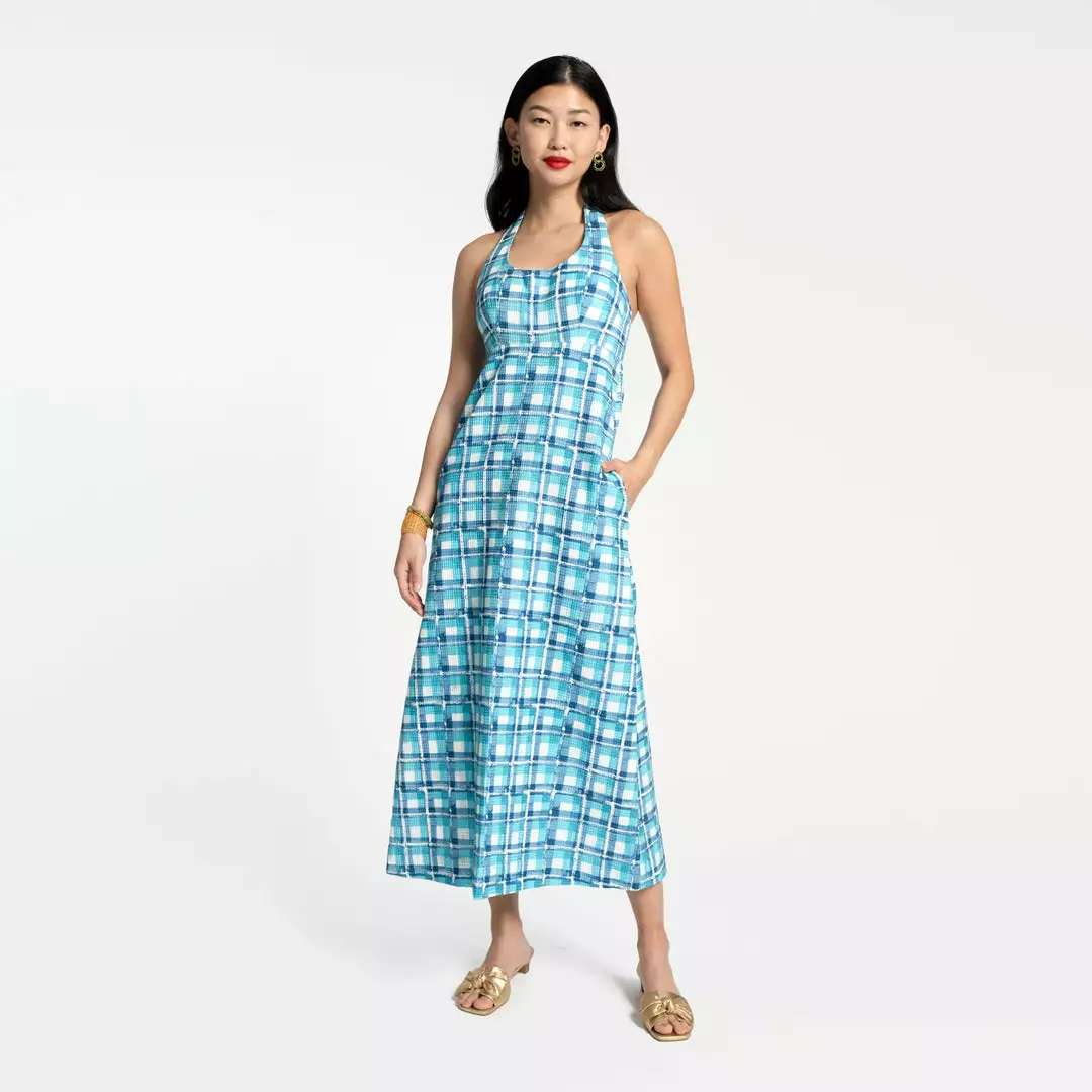 Frances Valentine NEW ARRIVALS Malia Halter Dress Waffleweave Azure Block 3 Frances Valentine NEW ARRIVALS Malia Halter Dress Waffleweave Azure Block