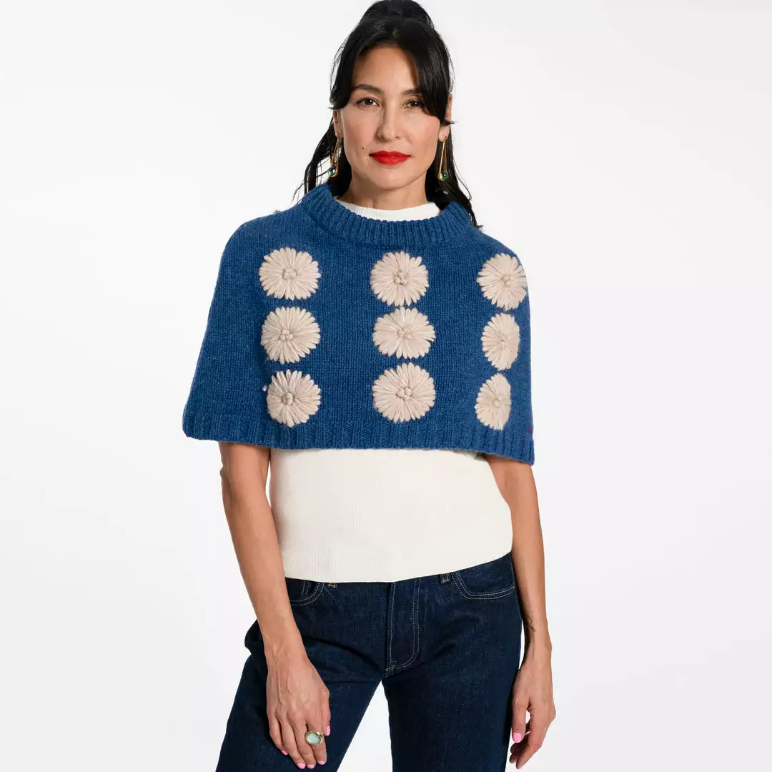 Frances Valentine Embroidered Flower Wool Shrug French Blue APPAREL 3 Frances Valentine Embroidered Flower Wool Shrug French Blue APPAREL