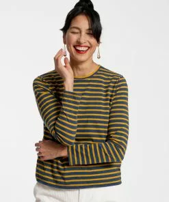 Frances Valentine FV Essentials Long Sleeve Striped Shirt Navy Mustard